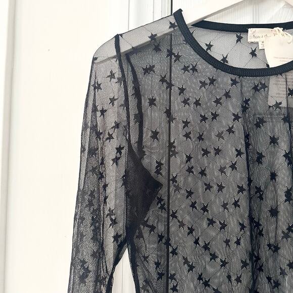 Hem & Thread NWT Black Mesh Long Sleeve Star Embroidered Base Layer Tee M/L - Picture 7 of 7